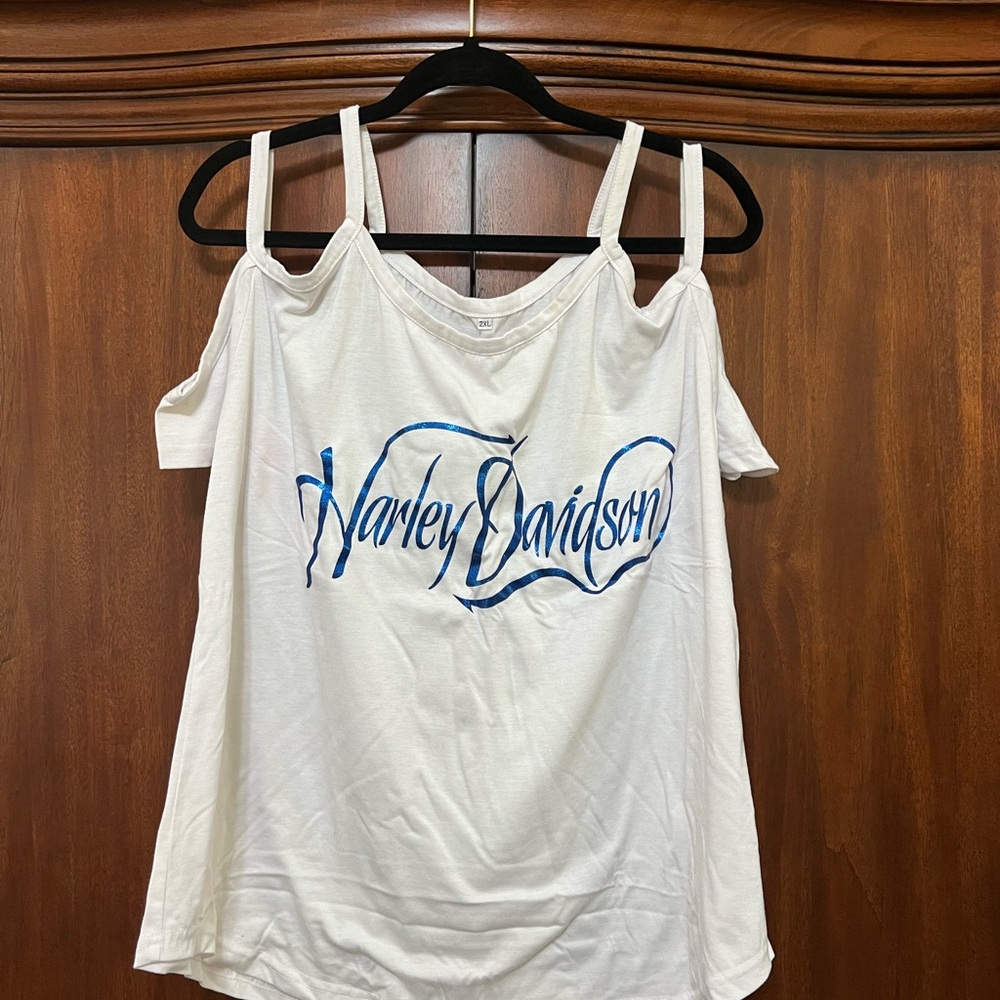 Harley-Davidson Women's White and Blue Cold Shoulder Tank Top